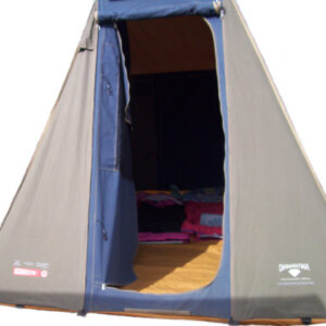 Front canvas door of blue and gray safari tent available from Scout Q Store